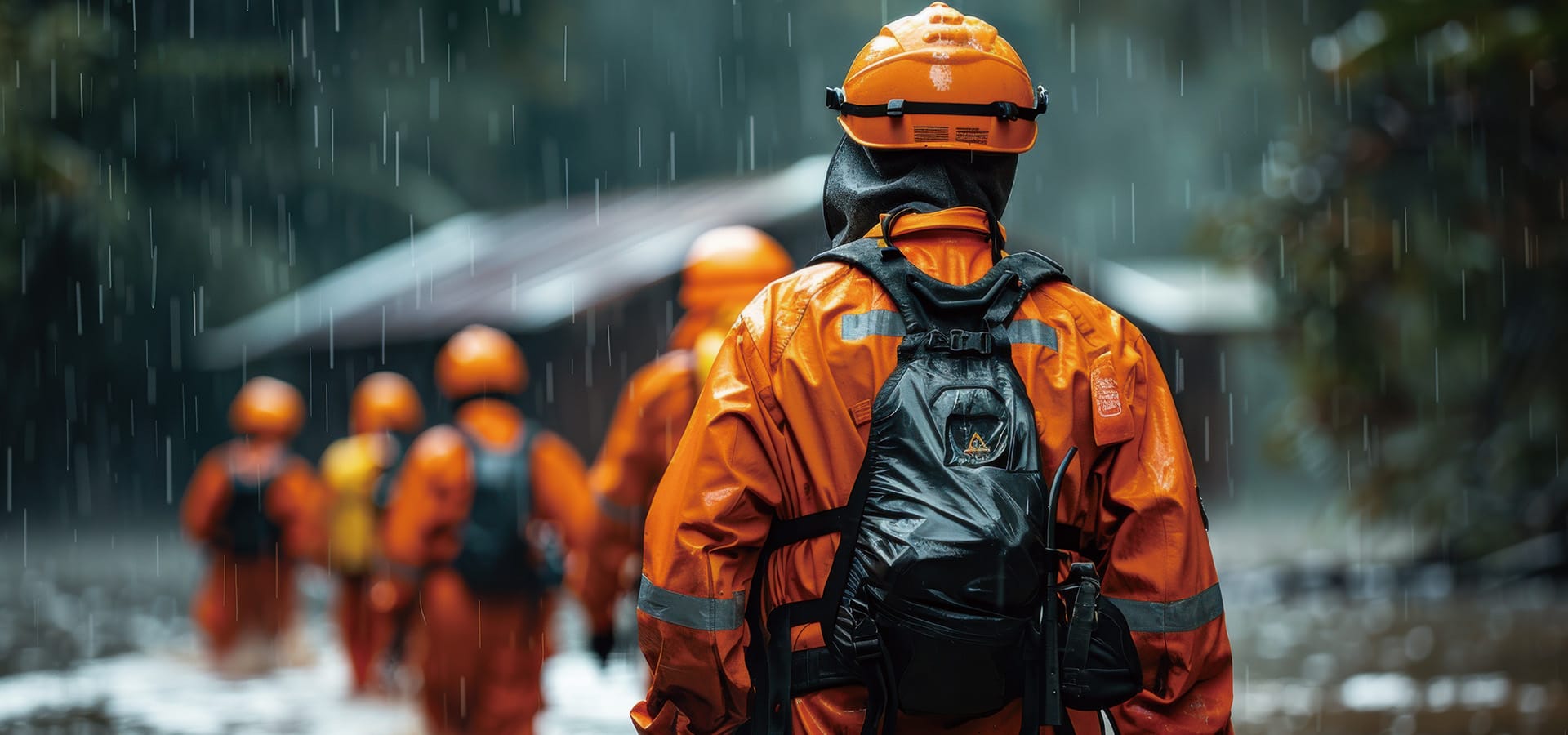 group-rescue-workers-orange-gear-trekking-through-rainsoaked-flooded-area-focused-reaching-disaster-survivors